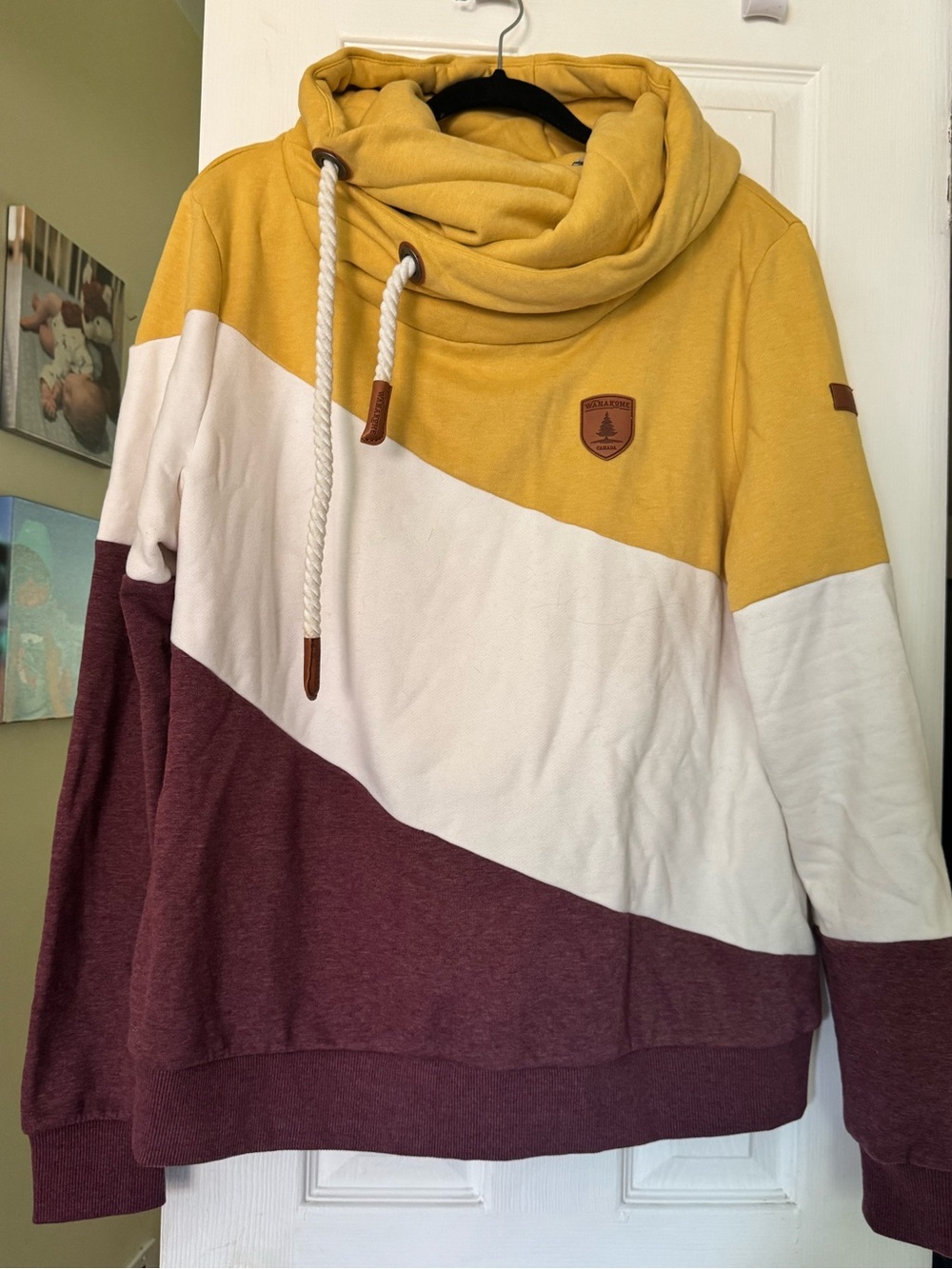 Wanakome Yellow, Cream & Burgundy Colorblock Funnel Neck Sweatshirt size 1X